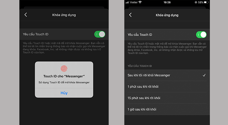 Hướng dẫn cài đặt mật khẩu Messenger cho iPhone bằng Face ID, Touch ID > Xác nhận vân tay hoặc khuông mặt và Chọn thời gian