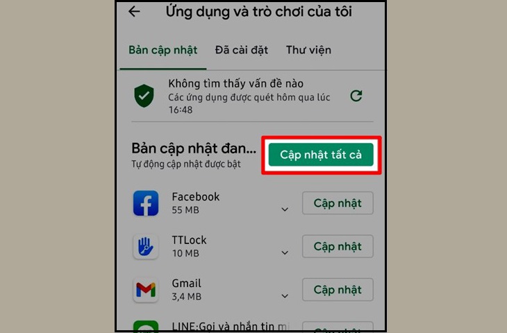 Chọn nút Cập nhật tất cả để tiến hành cập nhật phiên bản mới nhất của các ứng dụng trên điện thoại.