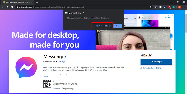 Hướng dẫn tải messenger trên máy tính đơn giản chỉ trong vài bước > Chọn Mở Microsoft store