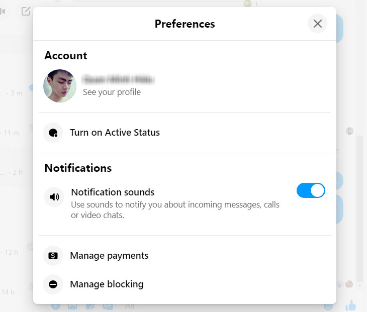 Hướng dẫn các bước đăng nhập Messenger trên web mà không cần vào facebook > Mục preferences