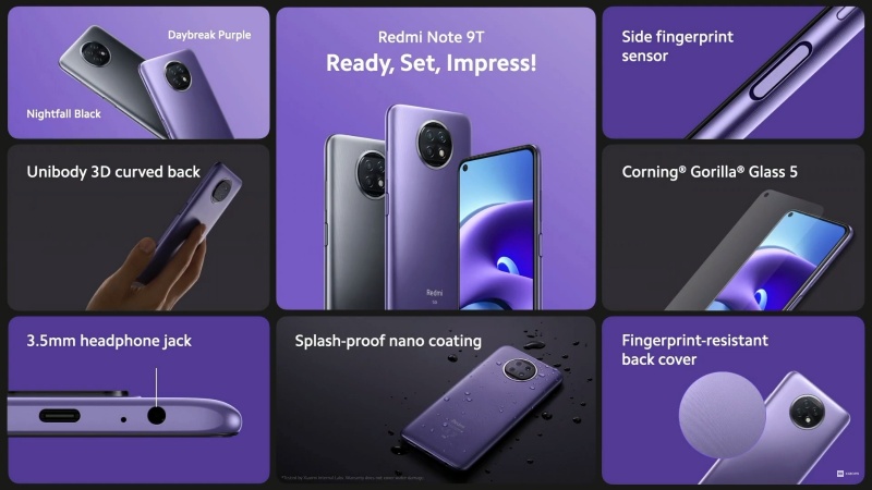 Redmi Note 9T 5G được trang bị một lớp phủ chống thấm nước