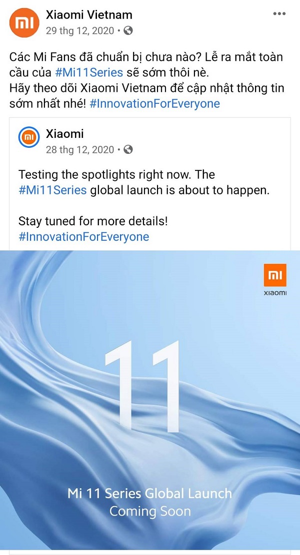 Xiaomi Việt Nam chia sẻ bài viết sự kiện ra mắt Mi 11