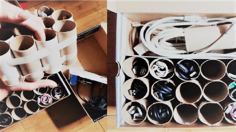 Organizing your cables with toilet paper rolls