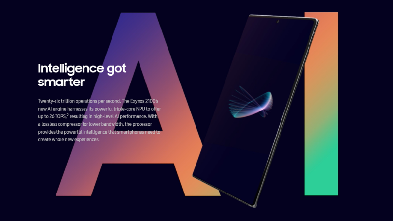 Exynos 2100 được trang bị bộ xử lý các tác vụ AI (NPU) mới với ba lõi có thể thực thi tới 26 nghìn tỷ hoạt động mỗi giây (TOPS) Exynos 2100 được trang bị bộ xử lý các tác vụ AI (NPU) mới với ba lõi có thể thực thi tới 26 nghìn tỷ hoạt động mỗi giây (TOPS).