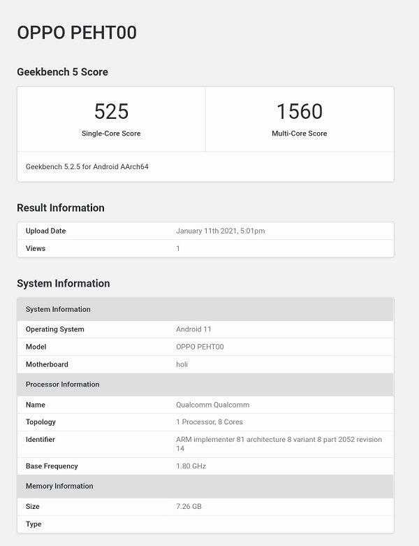 OPPO PEHT00 trên Geekbench