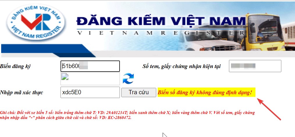 Biển số đăng ký không đúng định dạng