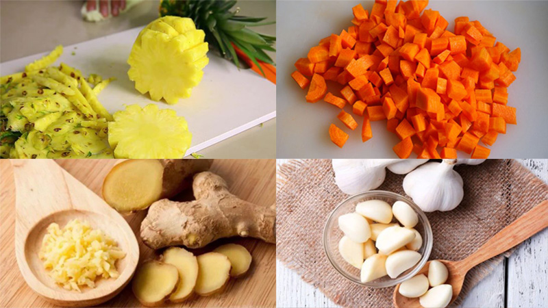 Nguyên liệu cho món nước ép hỗn hợp thơm, dứa, tỏi và gừng