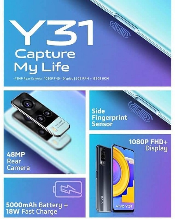 Lộ ảnh render và nhiều thông số kỹ thuật chính thức của Vivo Y31: Dùng chip Snapdragon 662, pin 5.000mAh, 3 camera lớn mặt sau
