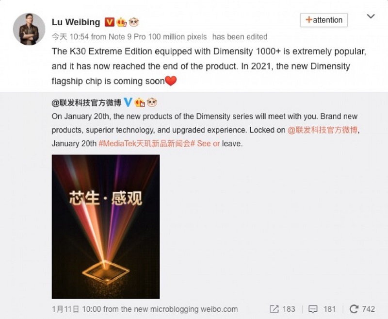 CEO Redmi gợi ý về việc Redmi K40 sẽ sử dụng chip Dimensity 1200, có hiệu năng ngang ngửa với chip Snapdragon 865