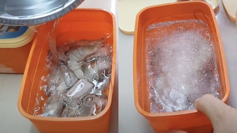Preserve shrimp by freezing with water