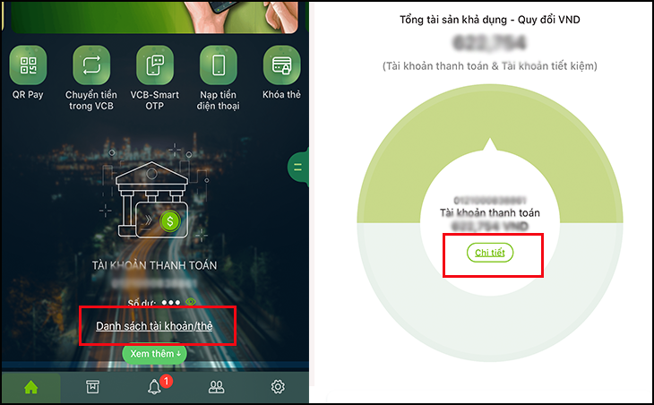 Chọn Danh sách tài khoản/thẻ và Chọn Chi tiết 