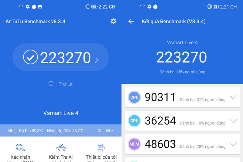 Điểm hiệu năng Vsmart Live 4 Điểm hiệu năng Vsmart Live 4