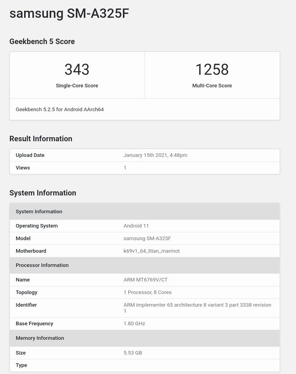 Hé lộ điểm hiệu năng, cấu hình của Samsung Galaxy A32 4G trên Geekbench: Dùng chip Helio G85, RAM 6GB, chạy Android 11