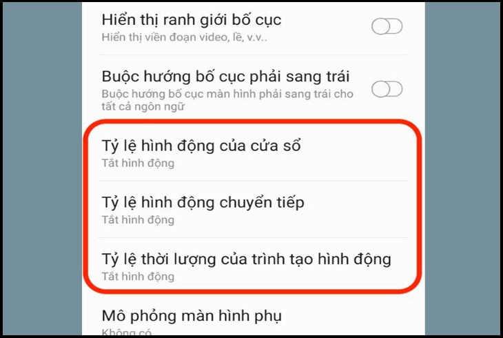 Điều chỉnh tỷ lệ hình động xuống còn 0.5x hoặc Tắt tỷ lệ hình động