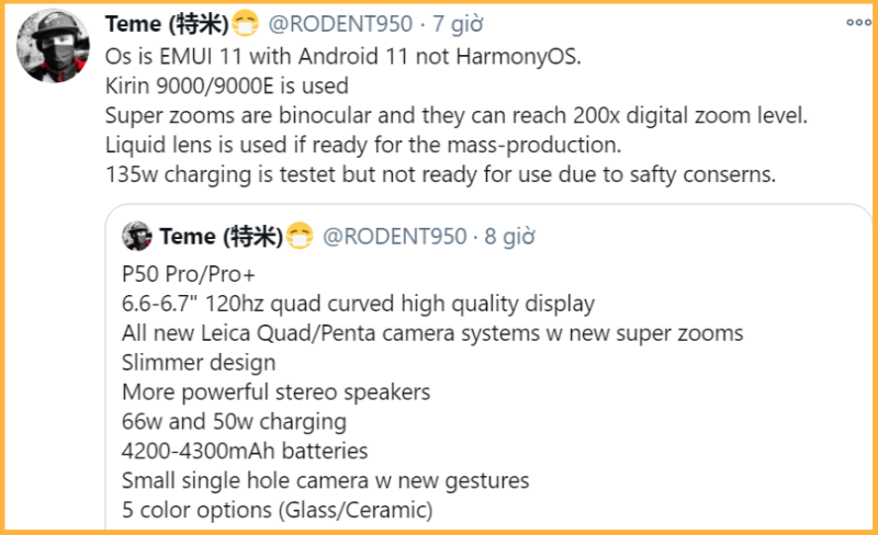 Huawei P50 Pro và P50 Pro+ bị rò rỉ thông số kỹ thuật, đặc biệt là chạy Android 11 thay vì nền tảng HarmonyOS