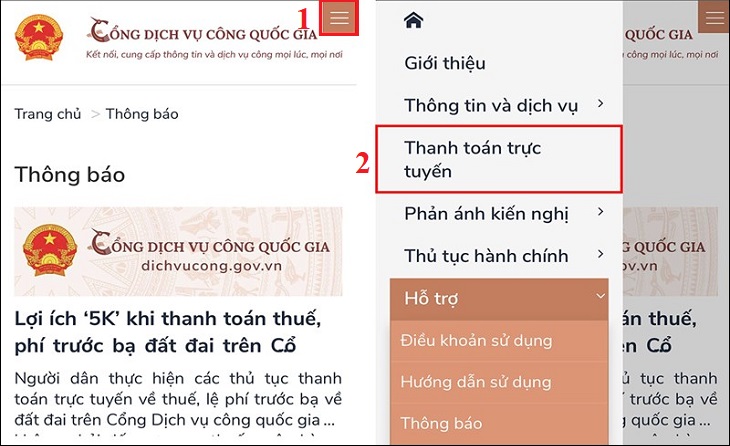 Sau khi đăng nhập, bạn tiếp tục nhấn vào biểu tượng dấu ba gạch và chọn Thanh toán trực tuyến