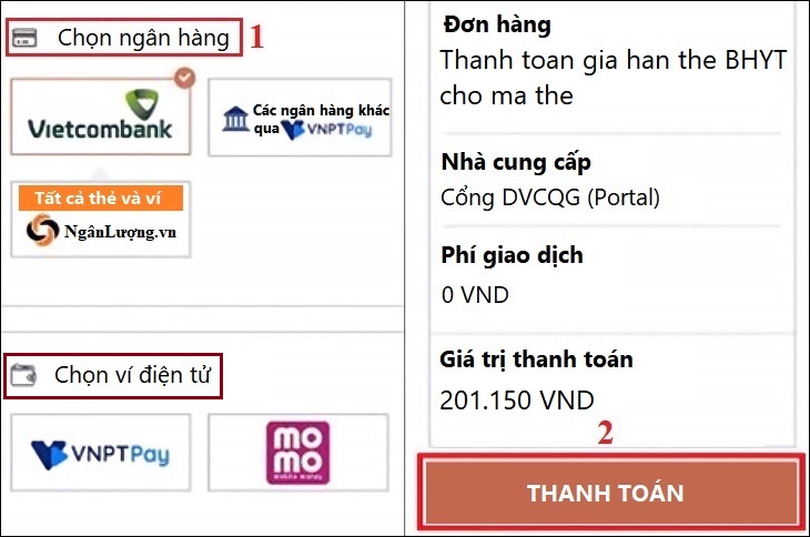 Sau khi kiểm tra thông tin gia hạn chính xác, bạn chọn ngân hàng hoặc ví điện tử và nhấn Thanh toán