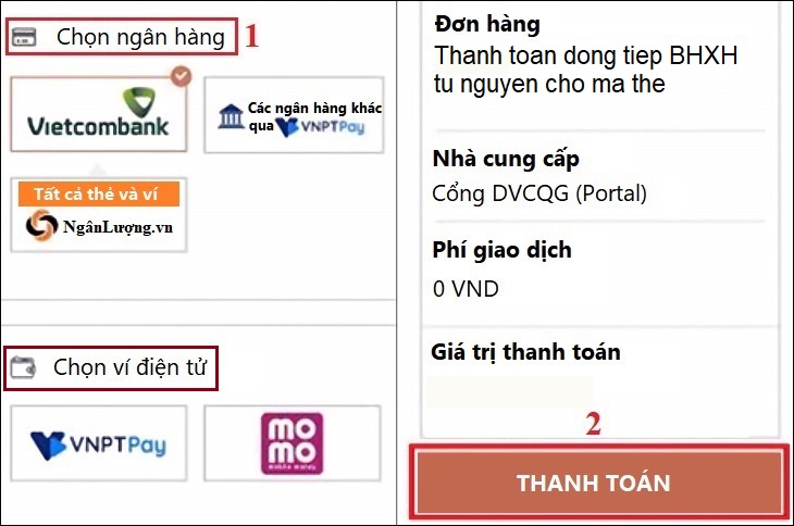 Bạn chọn ngân hàng hoặc ví điện tử và nhấn Thanh toán