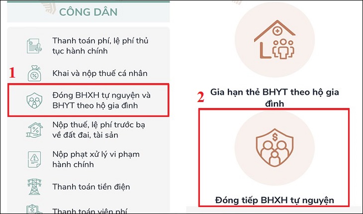 Tại cột công dân, bạn chọn vào Đóng BHXH tự nguyện và BHYT theo hộ gia đình. Sau đó chọn Đóng tiếp BHXH tự nguyện