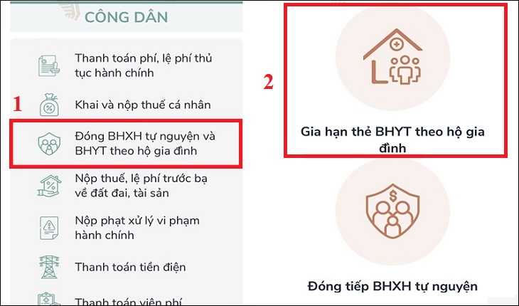 Tại cột công dân, bạn chọn vào Đóng BHXH tự nguyện và BHYT theo hộ gia đình