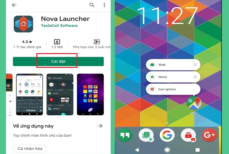Vào Google Play để tải ứng dụng laucher để thay đổi màn hình giao diện