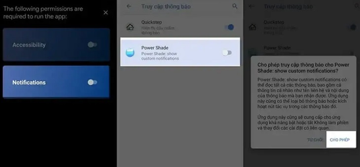 Tiếp tục chọn Notifications -> Power Shade rồi nhấn nút Cho phép