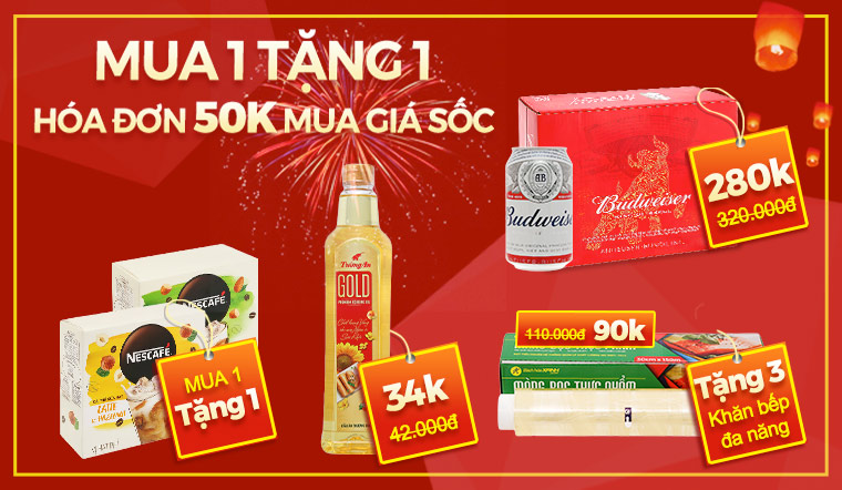 Đón tết tân sửu, sắm sửa đầy đủ - Hóa đơn từ 50.000 được mua giá sốc và khuyến mãi mua 1 tặng 1