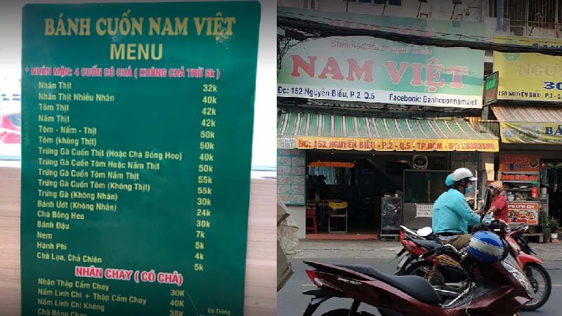 Thực đơn và quán bánh cuốn Nam Việt