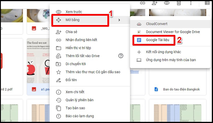 Chọn nút Mở bằng - chọn tiếp Google Tài liệu.