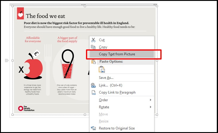Nhấp chuột phải vào hình ảnh chọn mục Copy text from picture.