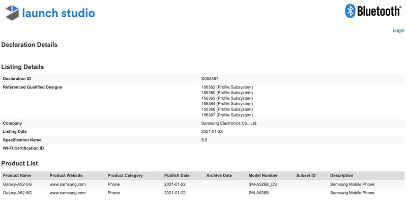 Samsung Galaxy A52 5G đạt chứng nhận Bluetooth SIG Samsung Galaxy A52 5G đạt chứng nhận Bluetooth SIG