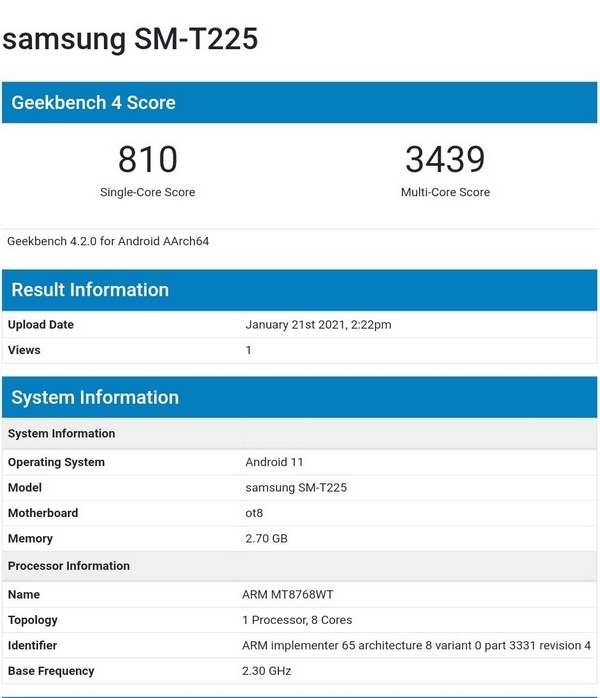 Một máy tính bảng giá rẻ mới của Samsung lộ điểm hiệu năng kèm cấu hình: Chip MediaTek Helio P22T, RAM 3GB, chạy Android 11