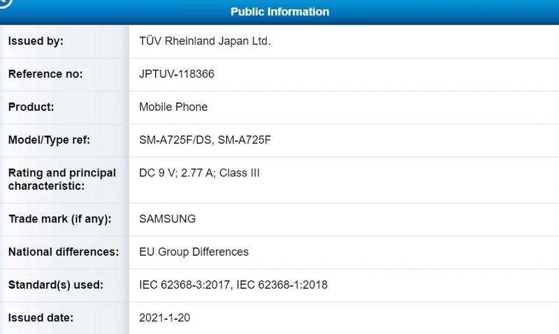 Samsung A72 đạt chứng nhận do TUV Rheinland Japan Ltd. cấp
