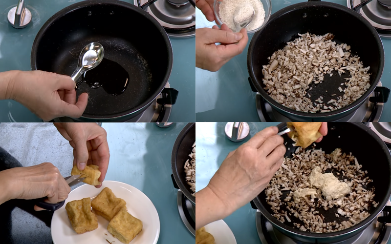 Phần ruột đậu hũ lấy được bạn cho vào xào chung với nấm trên bếp