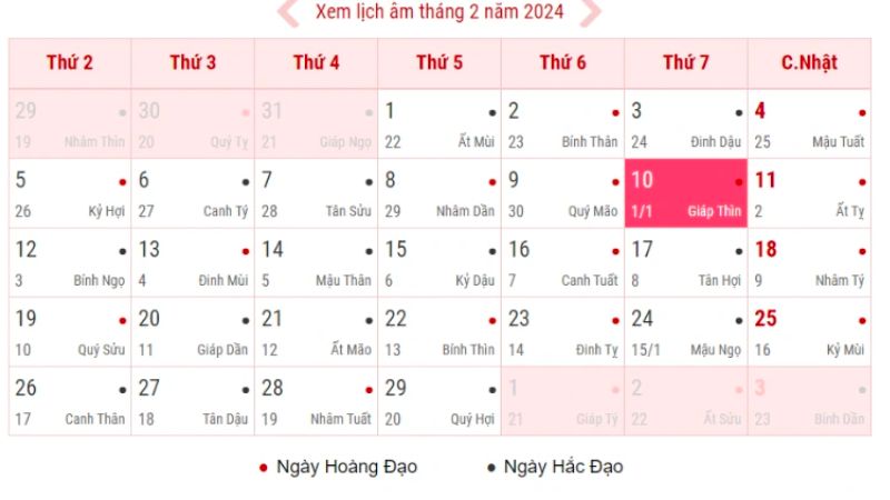 Mùng 1 tết năm 2024 được rơi vào ngày 10 tháng 2 năm 2024 dương lịch