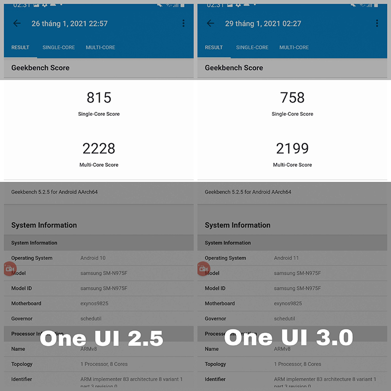 Điểm đơn nhân và đa nhân của Samsung Galayx Note 10+ trước và sau khi cập nhật