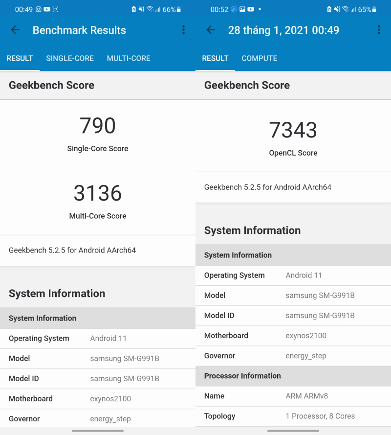 Kết quả test Galaxy S21 5G bằng Geekbench 5 không hề tệ chút nào. Kết quả test Galaxy S21 5G bằng Geekbench 5 không hề tệ chút nào.
