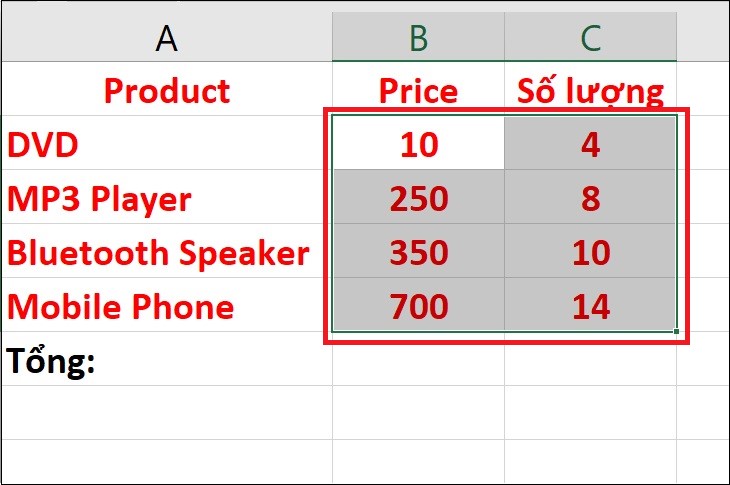 Sử dụng AutoSum để tính tổng hàng trong Excel