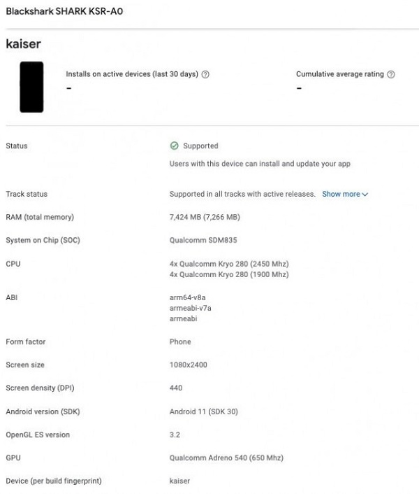 Thông tin của Xiaomi Black Shark 4 bị rò rỉ trên Google Play Console