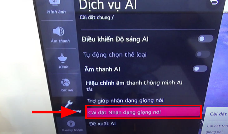 Cách tắt giọng nói trên tivi LG > Chọn “Cài đặt nhận dạng giọng nói”
