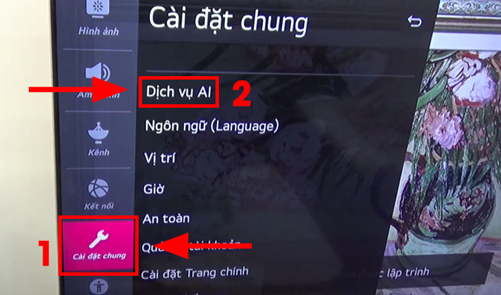 Cách tắt giọng nói trên tivi LG > Chọn “Cài đặt chung” (1) -> Chọn “Dịch vụ AI” (2)
