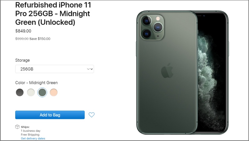 iPhone 11 Pro 256 GB - Midnight Green tân trang được Apple niêm yết với giá 849 USD iPhone 11 Pro 256 GB - Midnight Green tân trang được Apple niêm yết với giá 849 USD