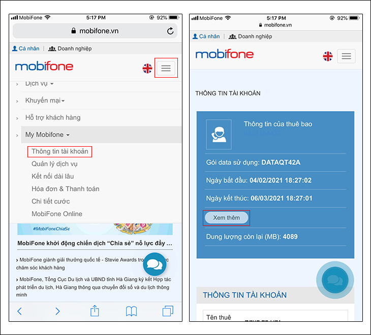 Check the 4G data capacity of MobiFone via the website