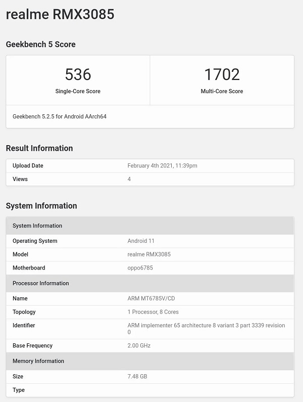 Dữ liệu Geekbench của Realme RMX3085 