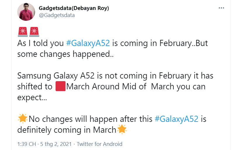 Galaxy A52 lộ thời điểm ra mắt