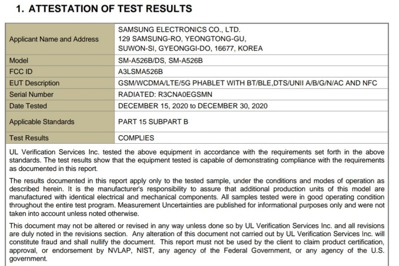 Samsung SM-A526B được FCC chứng nhận