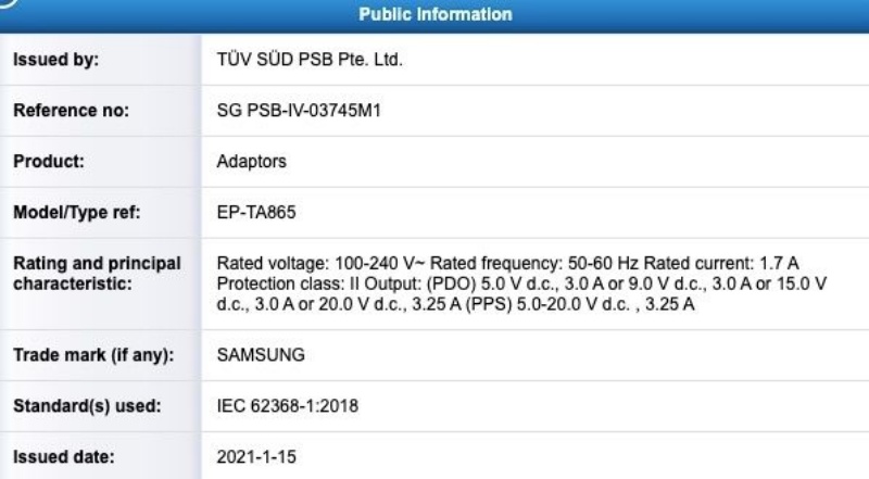 Bộ sạc nhanh Samsung 65W đạt chứng nhận TUV SUD