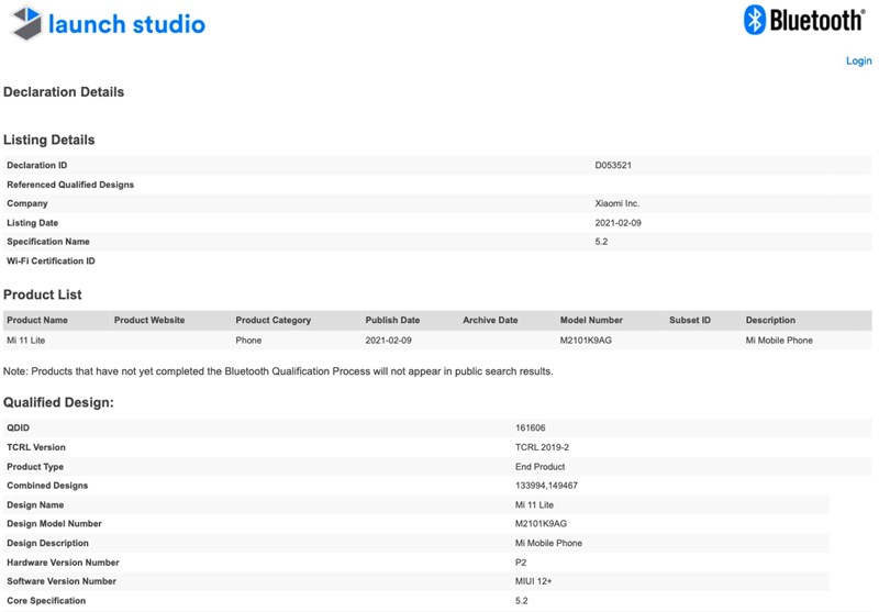 Số model M2101K9AG được cho là thuộc về Xiaomi Mi 11 Lite trên Bluetooth SIG