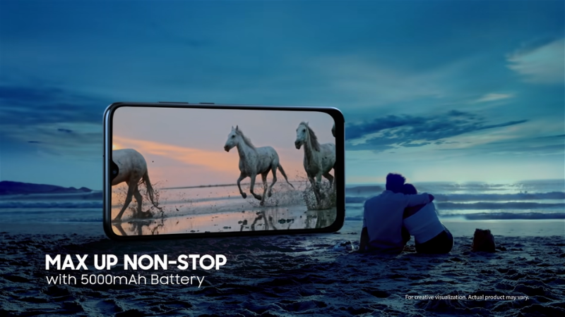 'Max up non-stop' là cách để Samsung thể hiện độ trâu bò của viên pin 5.000 mAh trên Galaxy M02s.