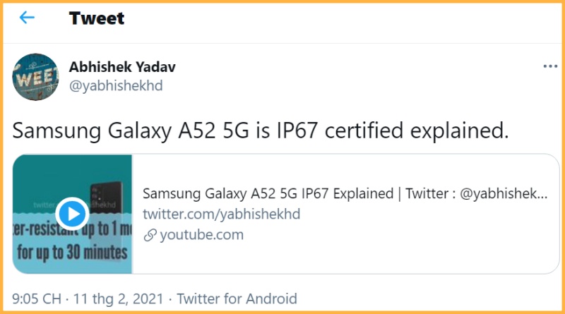 Samsung Galaxy A52 5G sẽ được trang bị khả năng chống nước IP67